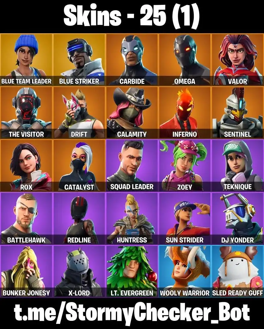 25 Skins ⭐ Orange Justice ⭐ Blue Team Leader ⭐ Drift ⭐ Rust Bucket ⭐ Balloon Axe ⭐ Lug Axe ⭐ Astroworld Cyclone ⭐ Rage ⭐ Hype ⭐ Swipe It ⭐ FA