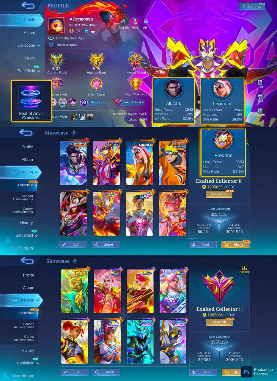 Akun Mobile Legends | 355 skin | Exalted Collector III | Mythic 70★ | Legend + Naruto | Hanya 1 tersedia