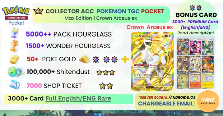 Account ng Pokemon TCG Pocket | Crown Arceus ex 3000+ Cards Ingles + 5000 Pack HG + 1500+ Wonder HG + 7000 Ticket + 50 Poke Gold