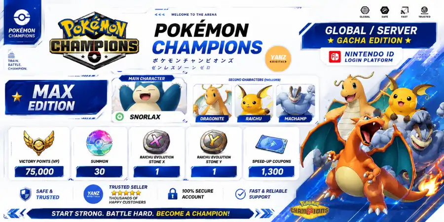 账号 Pokemon Champions | 卡比兽 + 胜利点数 (VP) 75000 + 喷火龙、雷丘、怪力 + 1 雷丘 X 1 雷丘 Y + 1.3K 加速券