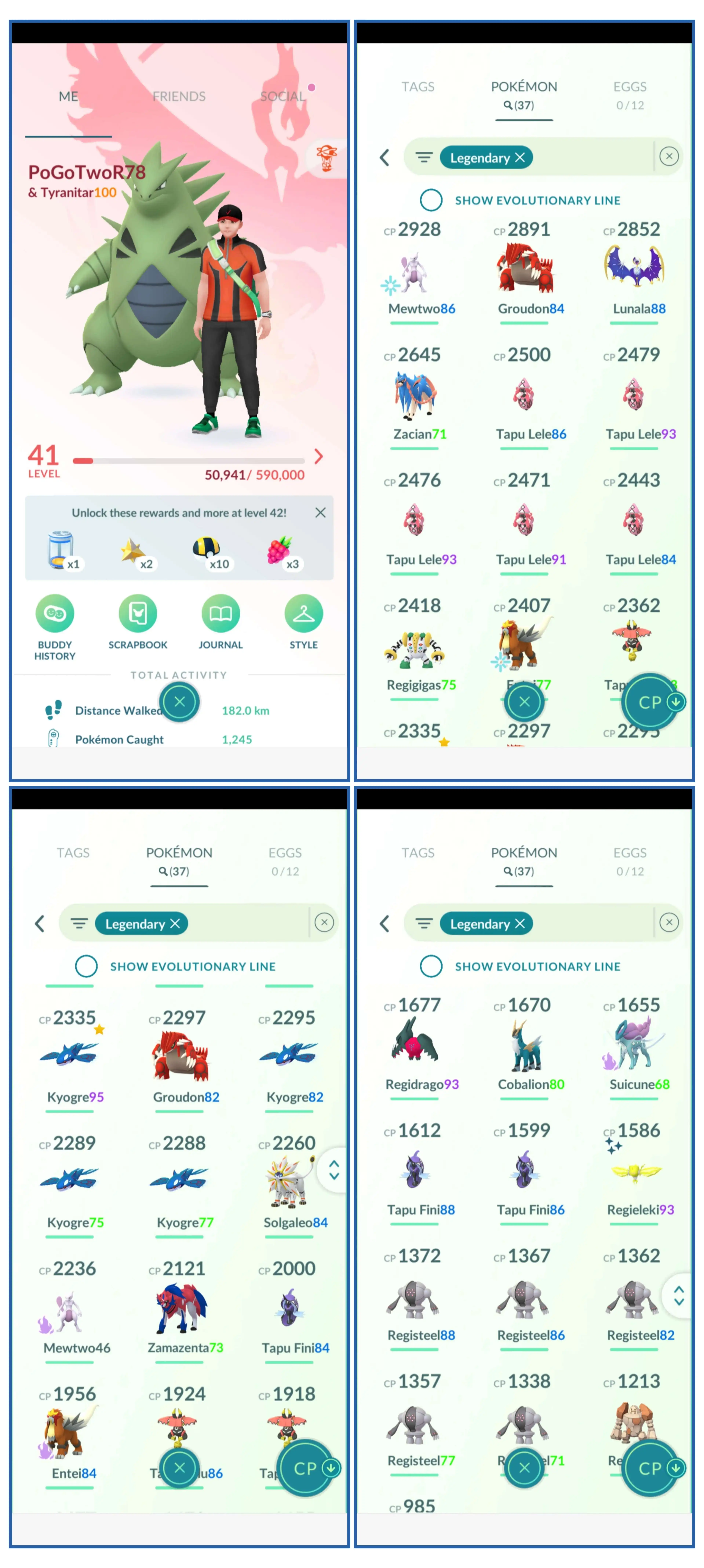 NIVEAU 41 . 37 LÉGENDAIRE | IV 100 TYRANOCIF | IV 100 DRACOLOSSE | 95 IV KYOGRE | 4 CHROMATIQUE (REGIELEKI)