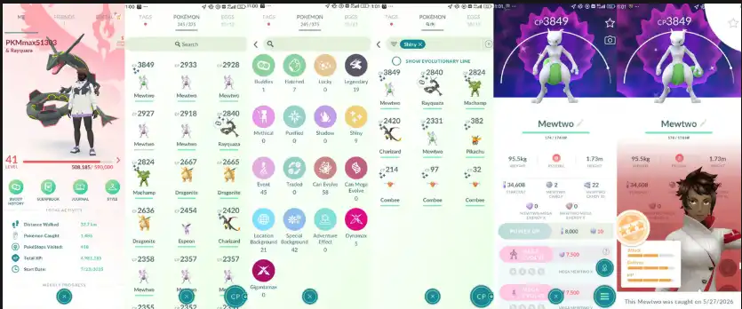 (Ray-20K) An account has Shiny Rayquaza CP2800, Shiny Mewtwo CP3800 caught from raids, 20K stardust, Shiny Charizard