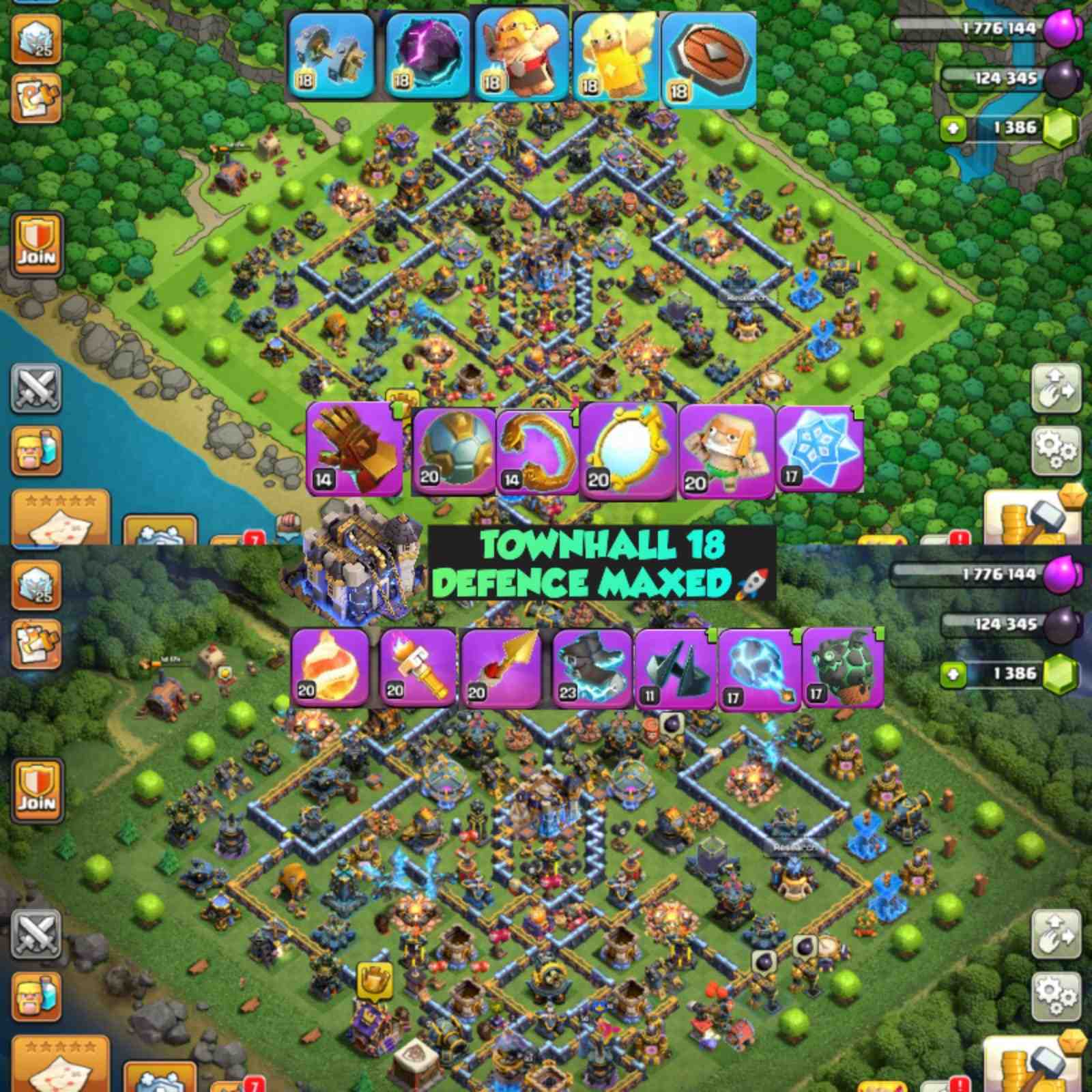 Clash of Clans-🔥تاون هول 18- الدفاع ماكس بالكامل✅ (13+ معدات أسطورية) الأبطال - BK 77, AQ 83, MP 71, GW 75, RC 50 - بريميوم منخفض التكلفة TH18