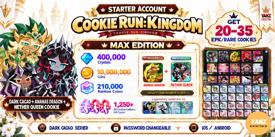 [Dark cacao] Conta Cookie Run Kingdom | 400000 Cristais + 210000 Cubos + DCC + Dragão Abacaxi + Biscoito Rainha do Submundo + 1.2K+ Cortadores