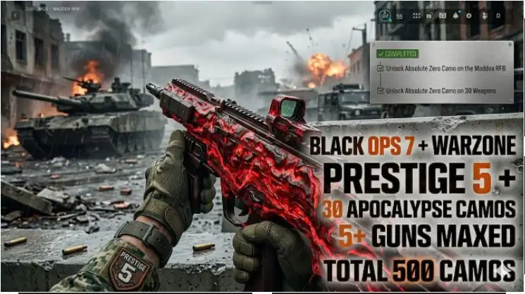 WARZONE BO7⚡ 30× Apocalypse 🚀 Prestige 4 Prêt 5💎 460+ Camouflages Débloqués | 🧬 5+ ARMES MAX | 🔓 Accès Complet Fourni ✨ Black Ops 7 & Warzone 5 ♨️ INSTANTANÉ