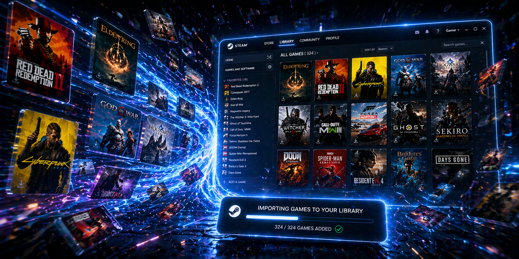 STEAM Cyberpunk 2077، Red Dead Redemption 2، سلسلة Assassin’s Creed، God of War، COD، GTA V، Elden Ring، Hollow، Arc Raiders