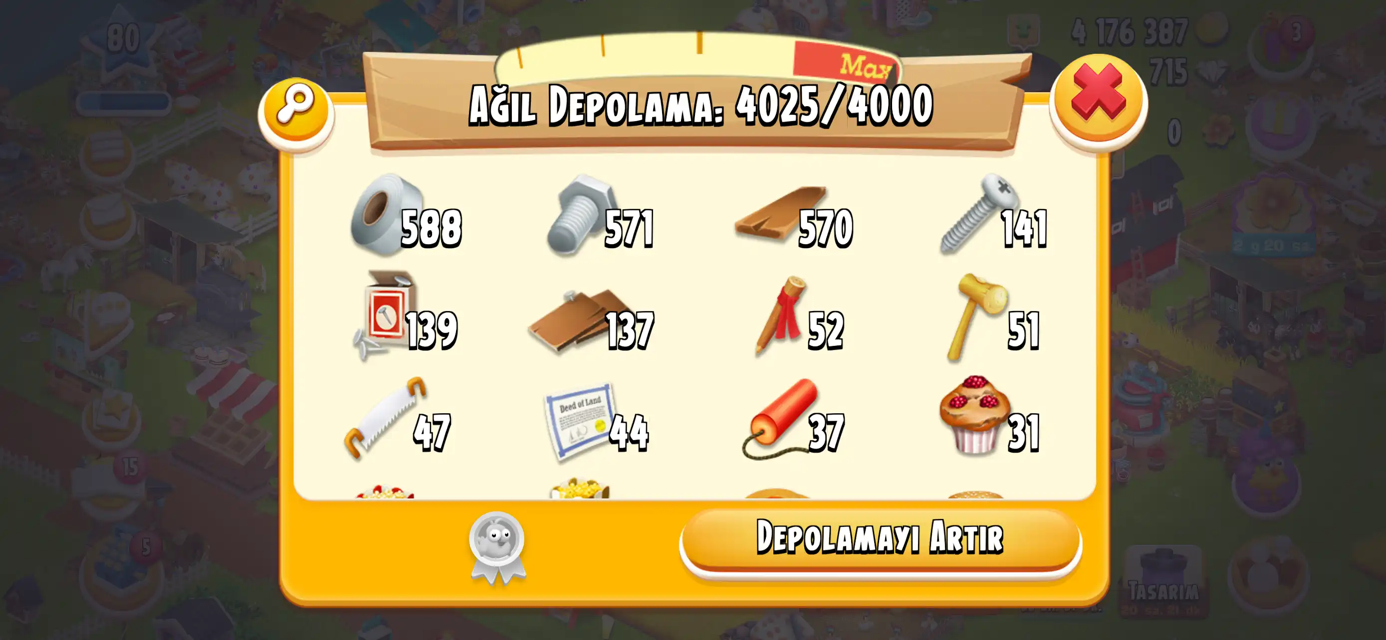 Hay Day Lv80农场 – 4M金币 & 763钻石 | 4000仓库 | 随时可玩