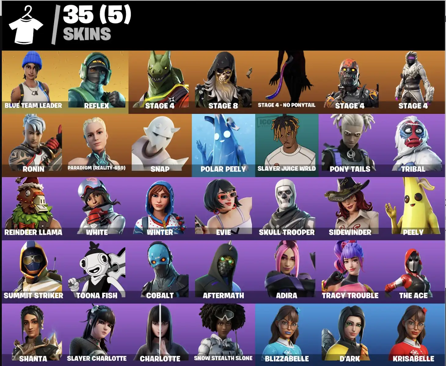 [PC/PSN/S] 35 skins ◆ Blue Team Leader ◆ Reflex ◆ Skull Trooper ◆ Rust Bucket ◆ Response Unit ◆ Take the Elf ◆ Fortnite Banner ◆