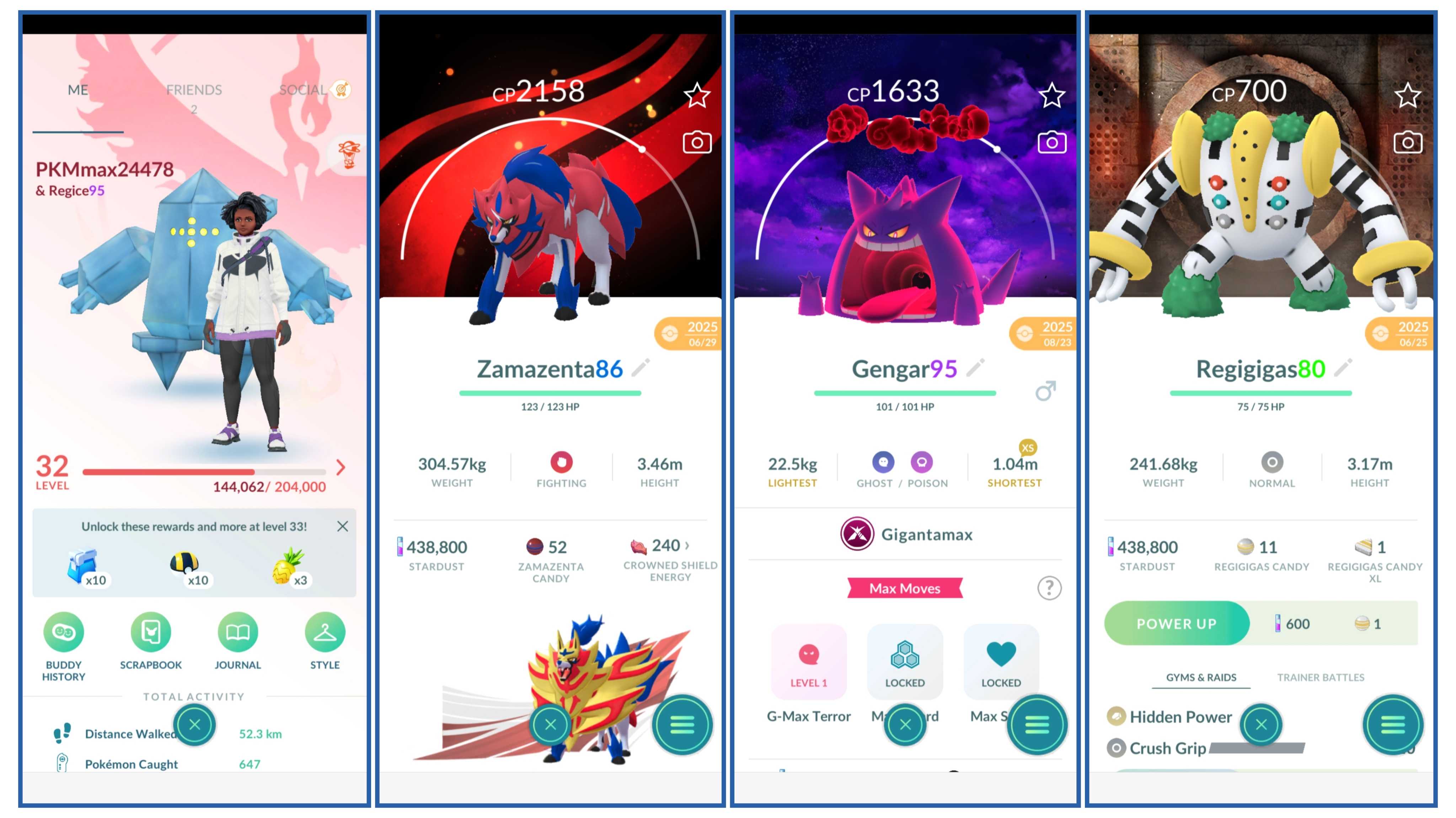 المستوى 32 | VALOR | 21 أسطوري | SHINY KYUREM | ZAMAZENTA GO FEST 2025 خلفية | GIGANTAMAX GENGAR DARK SKIES خلفية | 4 SHINY