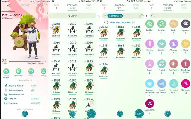 (Rill-20K) Una cuenta con un Rillaboom Gigantamax Variocolor de Nivel 40 obtenido por captura, 20K de polvo de estrellas (Rillaboom Gigantamax Variocolor)