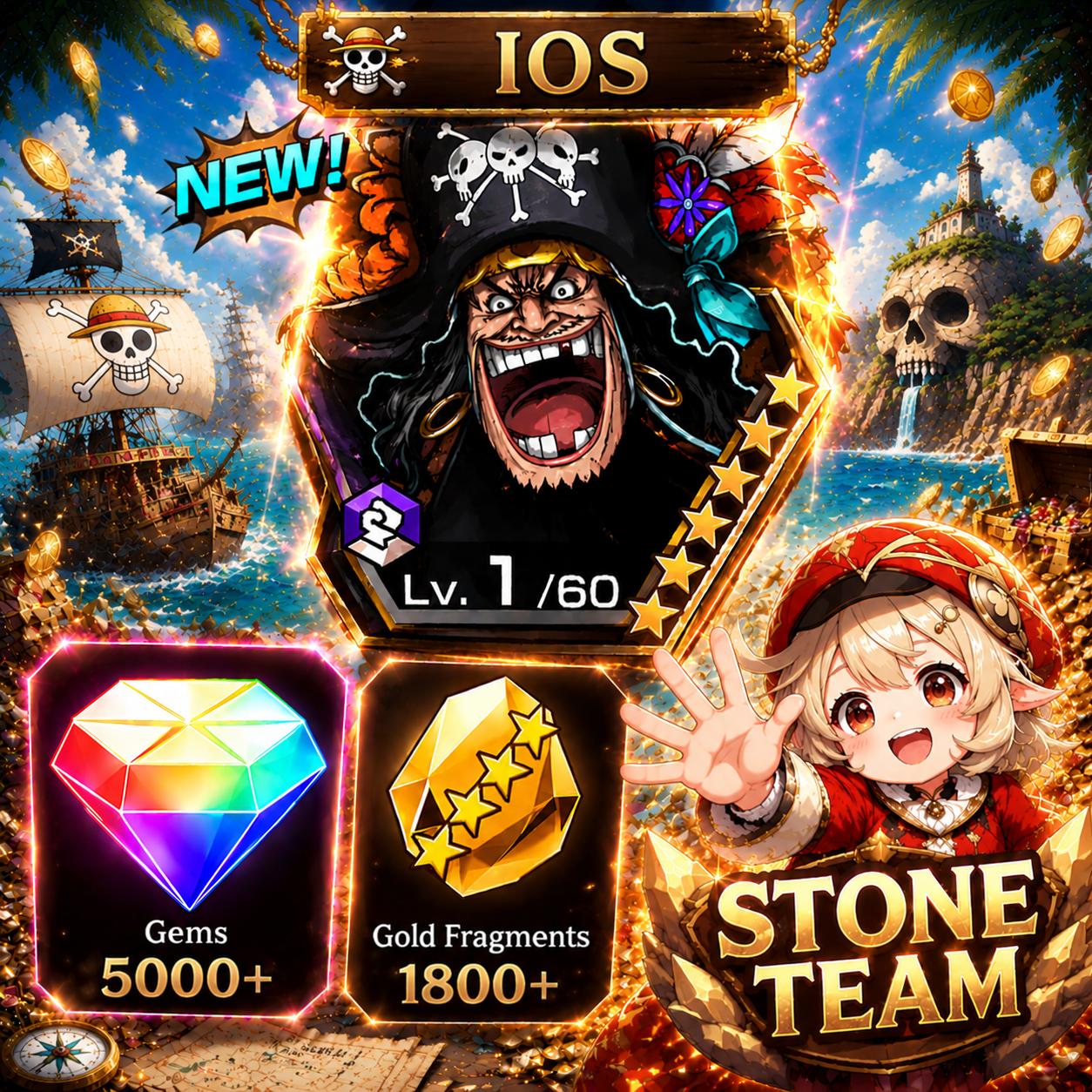 IOS EX Blackbeard 5K Gems 1800 Gold 6★ Heroes 3-20