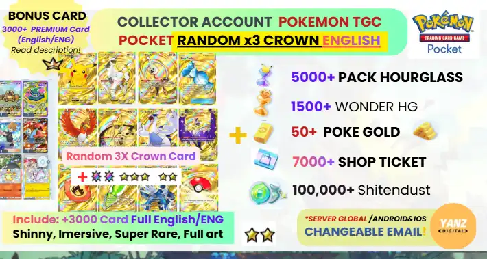 Pokemon TCG Pocket Account | Random Crown Card x3 3000+ Cards English + 5000 Pack HG + 1500+ Wonder HG + 7000 Ticket + 50 Poke Gold