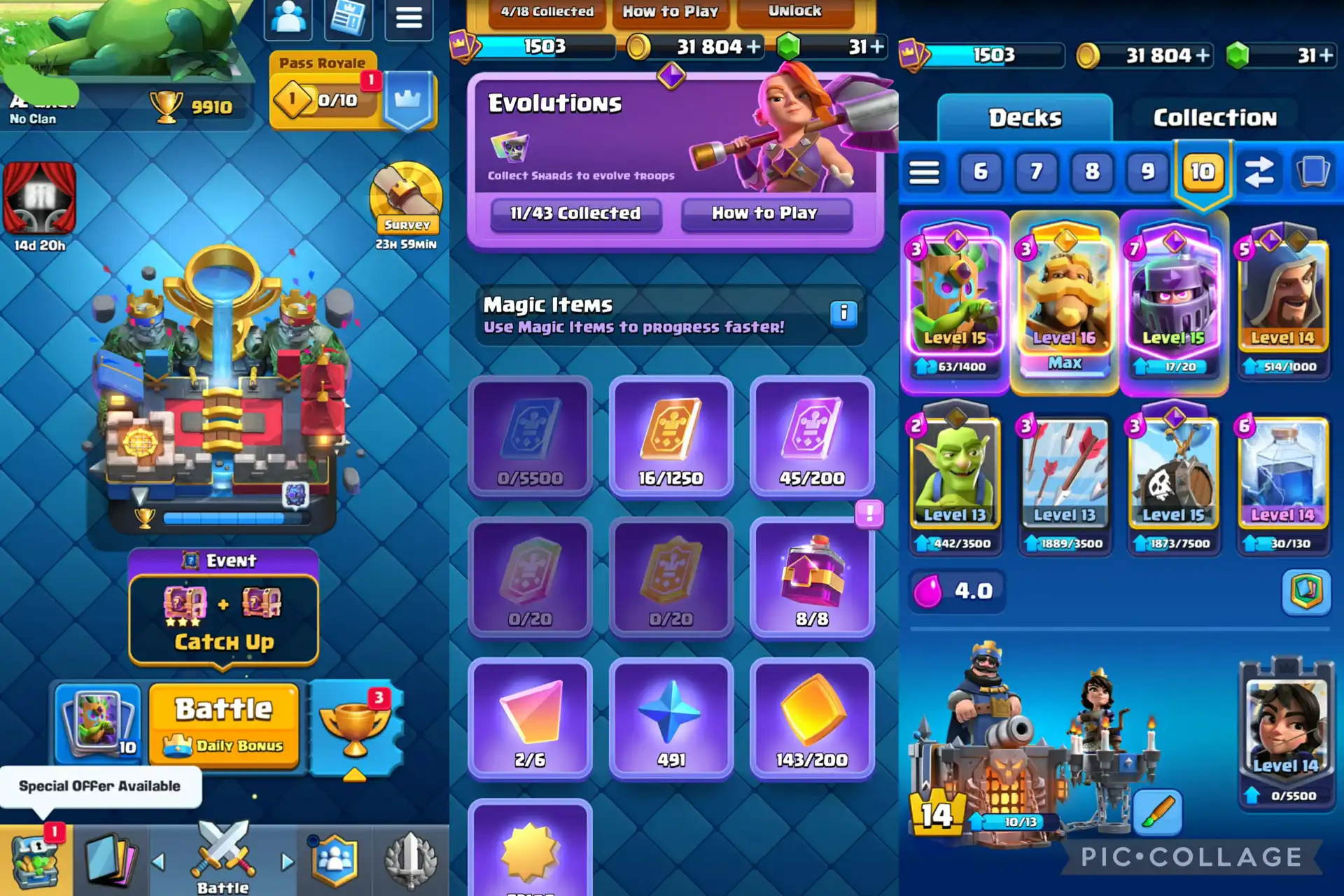 🔥 STUFE 49 | 🏆 9,9K TROPHÄEN | ⚡ 11 ENTWICKLUNGEN | 👑 4 HELDEN | 🃏 122 KARTEN | 🏰 KT14 | ⭐ 10 KARTEN DER STUFE 14 | 💯 1 MAX-KARTE | ⚔️ 4 ELITE-KARTEN | 🎭