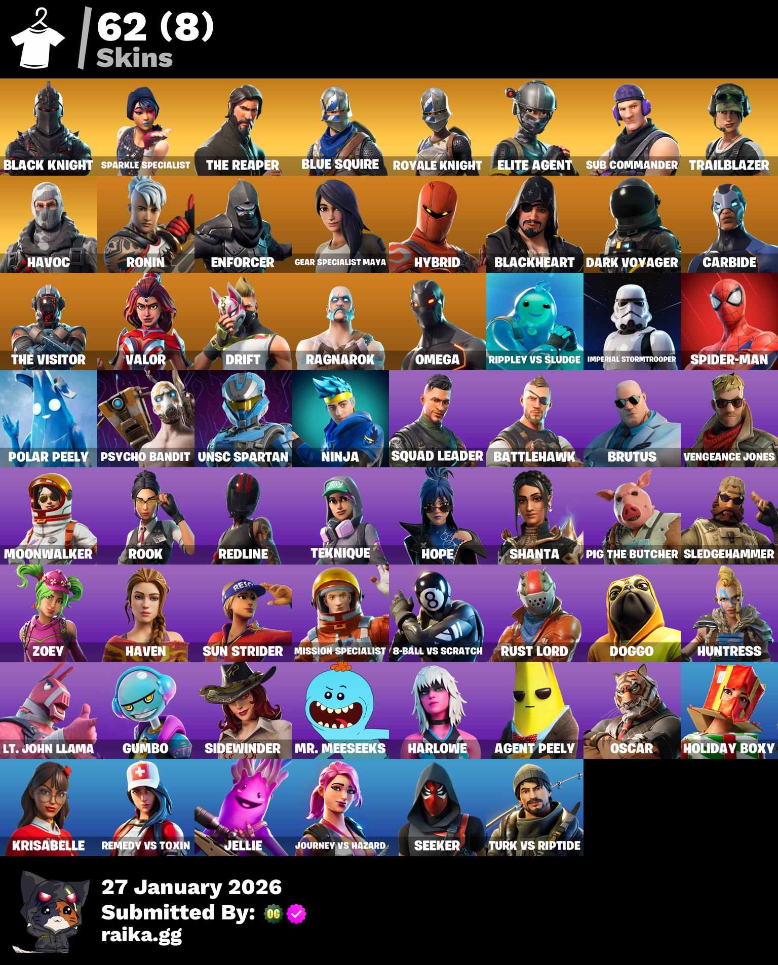 PC/PSN/Xbox/Nintendo/Nintendo 60 skins | Black Knight | Psycho Bandit | Sparkle Specialist | The Reaper | Blue Squire | Royale Knight | Elite Agent |