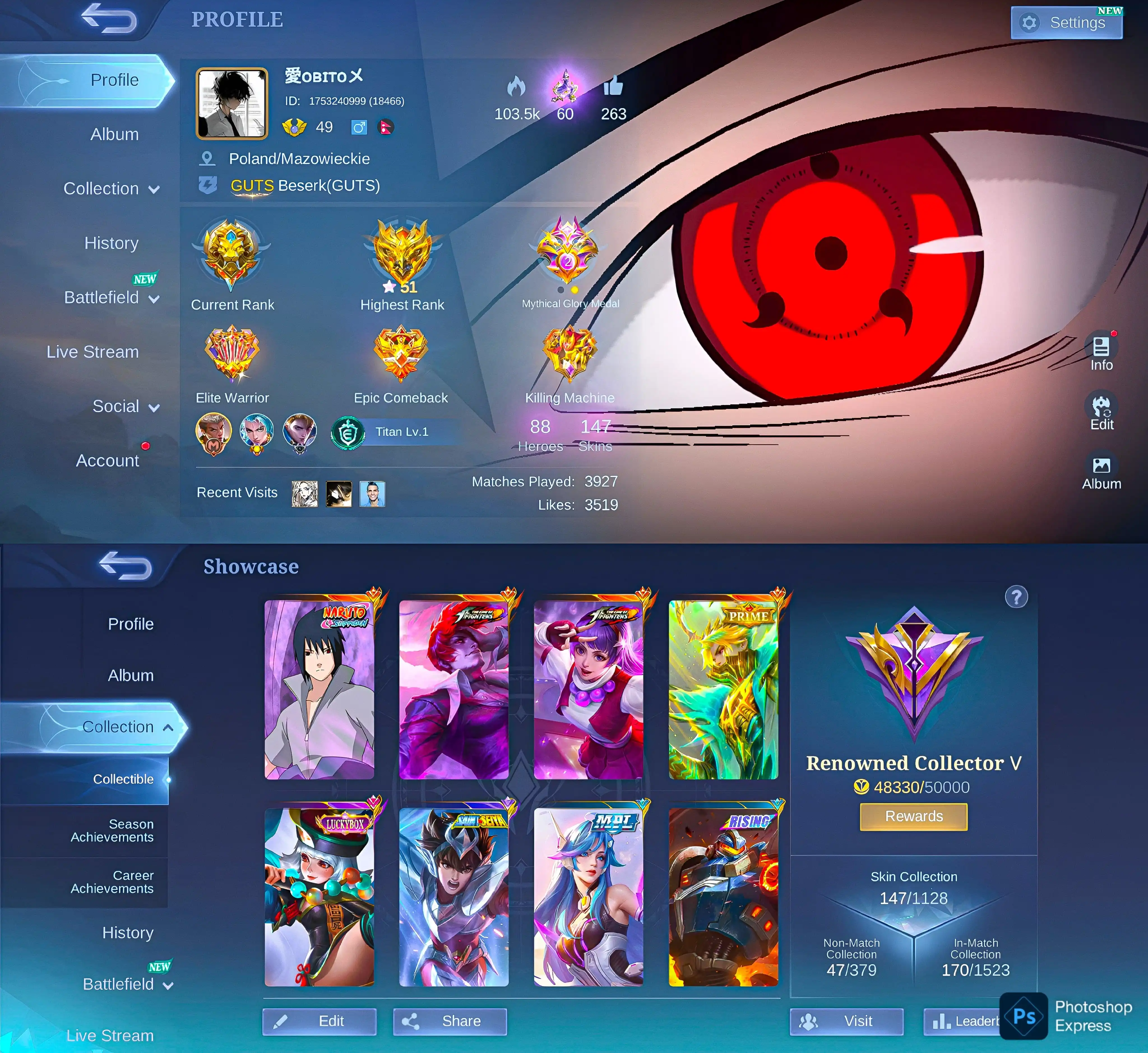 Akun Mobile Legends | 273 skin | Exalted Collector V | 96 hero | Mythical Glory 93★ | 535 diamond | Akses penuh