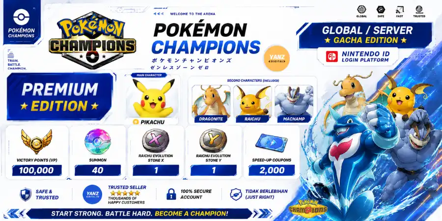 Account Pokemon Champions | Pikachu + 100000 Victory Points + Dragonite, Raichu, Machamp + 1 Raichu X 1 Raichu Y + 2000 Coupons