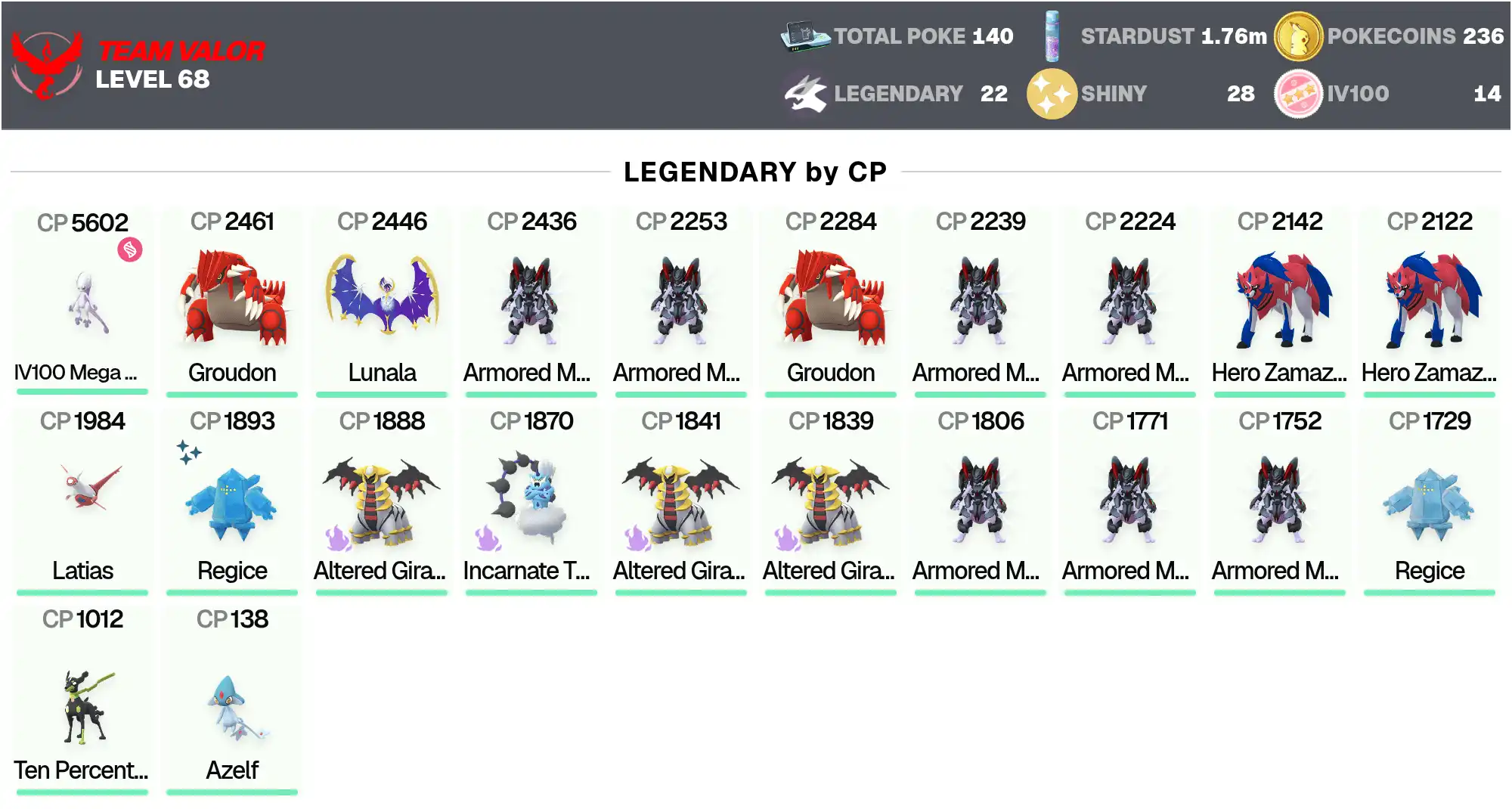 7 Mewtwo Blindé ~IV100 MEGA Mewtwo Y 5,6K ~Regice Chromatique ~Légendaire: 22 ~Chromatique: 28 ~Hundo: 14 ~Groudon ~Lunala ~Niveau 68 ~PG-ATESH ~[CNL]