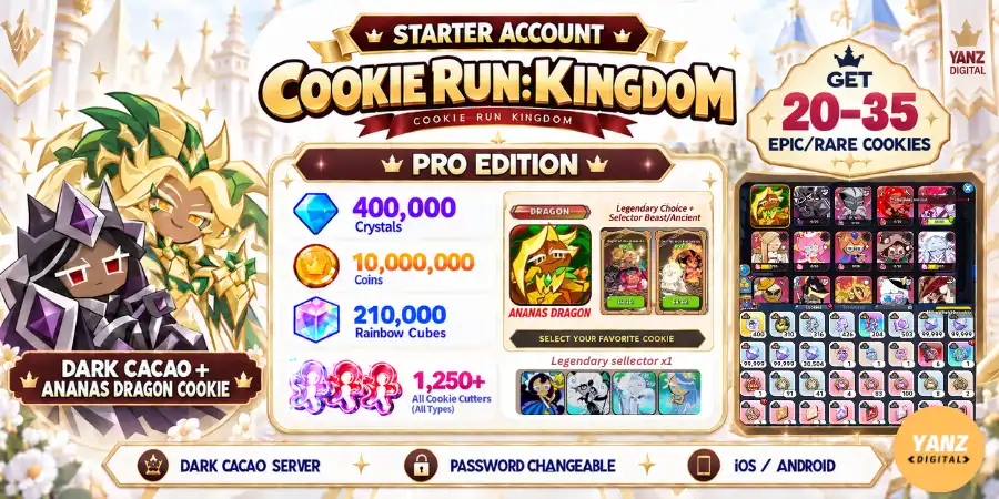 [Dark Cacao] Conta Cookie Run Kingdom | 400000 Cristais + 210000 Cubos + DCC + Biscoito Dragão Abacaxi + 1.2K+ Cortadores