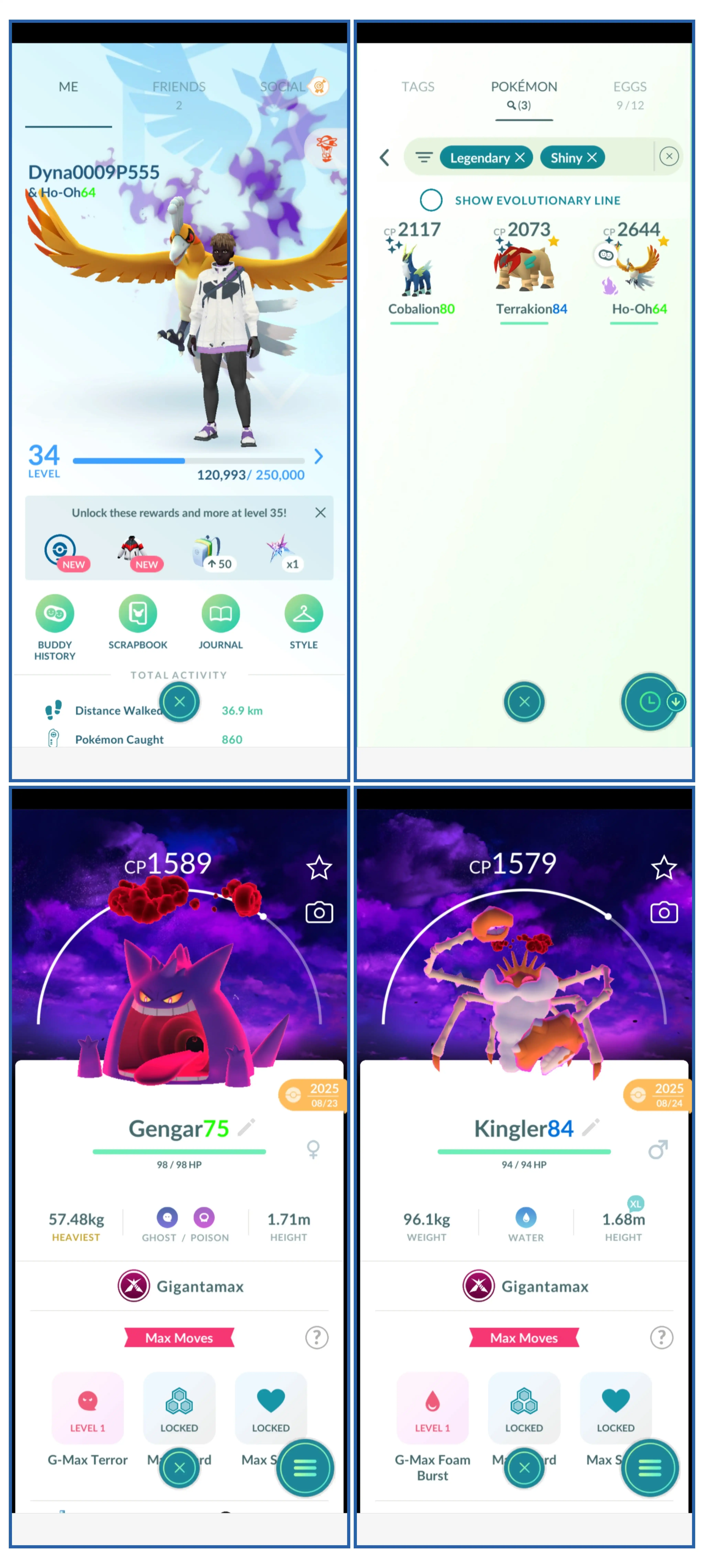 레벨 34 | 16 전설- 3 색이반짝 | 7 색이반짝 | GIGANTAMAX GENGAR BG |