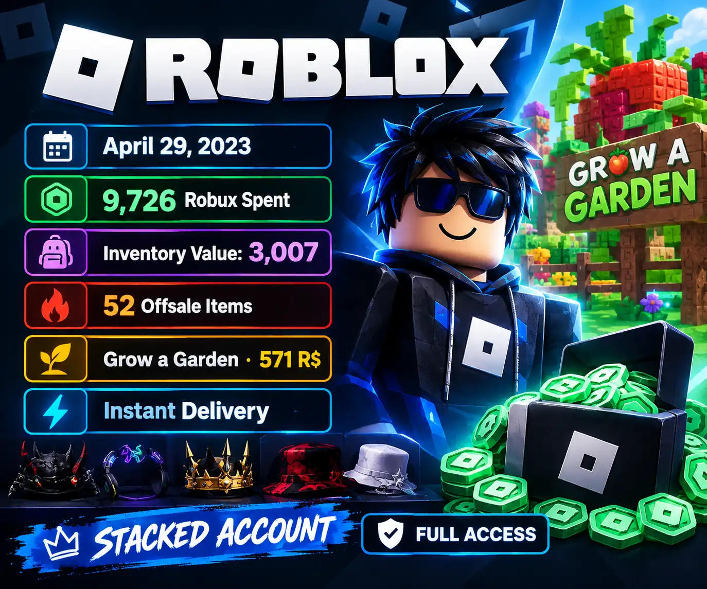 💎 [ROBLOX] | 📅 29 aprile 2023 | 💸 9.726 Robux spesi | 🎒 Valore inventario: 3.007 | 🔥 52 articoli fuori vendita | 🌱 Grow a Garden ⸱ 571 R$ | ⚡ Consegna immediata