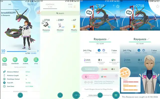 [RayBG-20K] Ein Konto mit schillerndem Rayquaza-Hintergrund von San Francisco, gefangen bei einem Raid, Hundo Mewtwo-Hintergrund