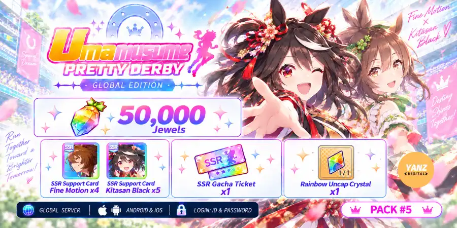 Umamusume-Konto | 50000 Juwelen + Fine Motion x4 + Kitasan Black x5 + 1 Ticket + 1 Rb Uncap Crystal