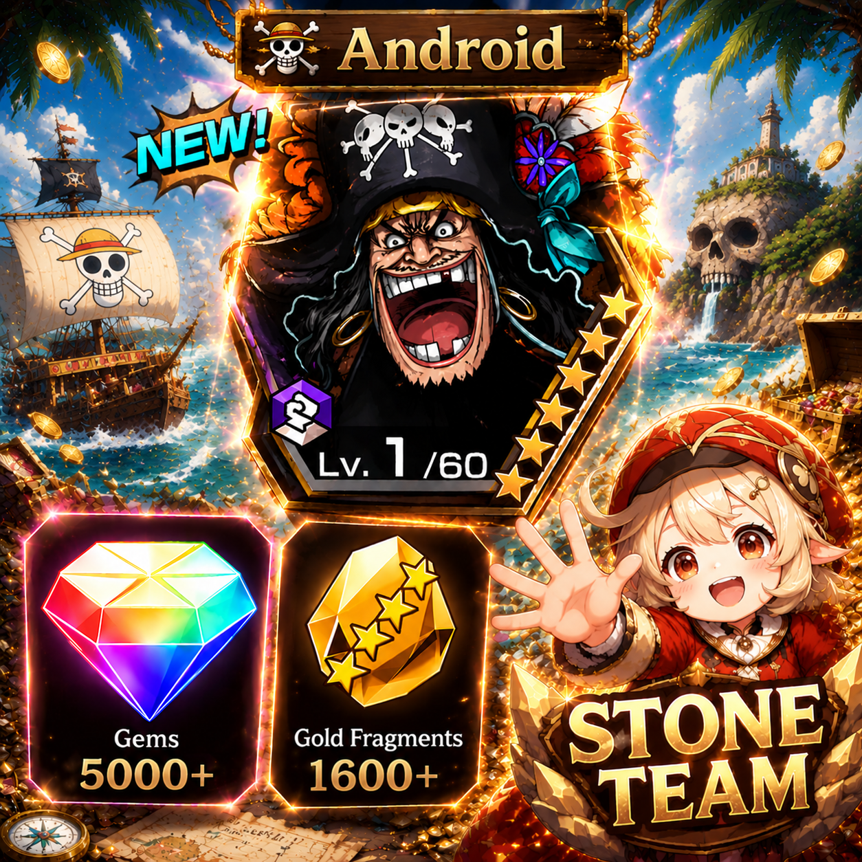 Android Blackbeard 5K Gems 1600 Gold 6★ Heroes 0-20