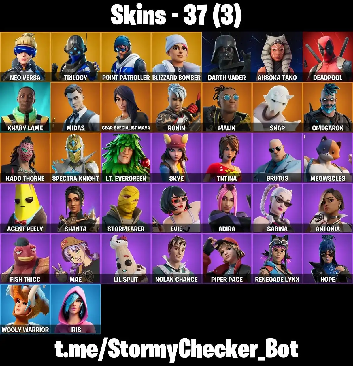 37 skin ⭐ Midas ⭐ Deadpool ⭐ Khaby Lame ⭐ Neo Versa ⭐ Blizzard Bomber ⭐ Darth Vader ⭐ Ahsoka Tano ⭐ Meowscles ⭐ Astroworld Cyclone ⭐ Steady ⭐