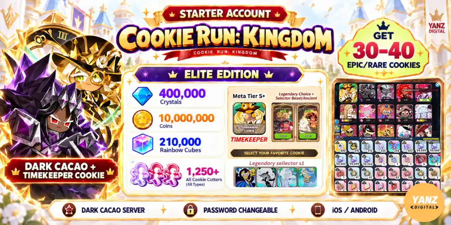 [Dark cacao] Conta Cookie Run Kingdom | 400000 Cristais + 210000 Cubos + DCC + Biscoito Timekeeper + 1.2K+ Cortadores