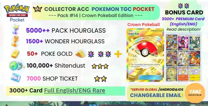 Pokemon TCG Pocket Account | Crown Poke Ball 3000+ Cards English + 5000 Pack HG + 1500+ Wonder HG + 7000 Ticket + 50 Poke Gold