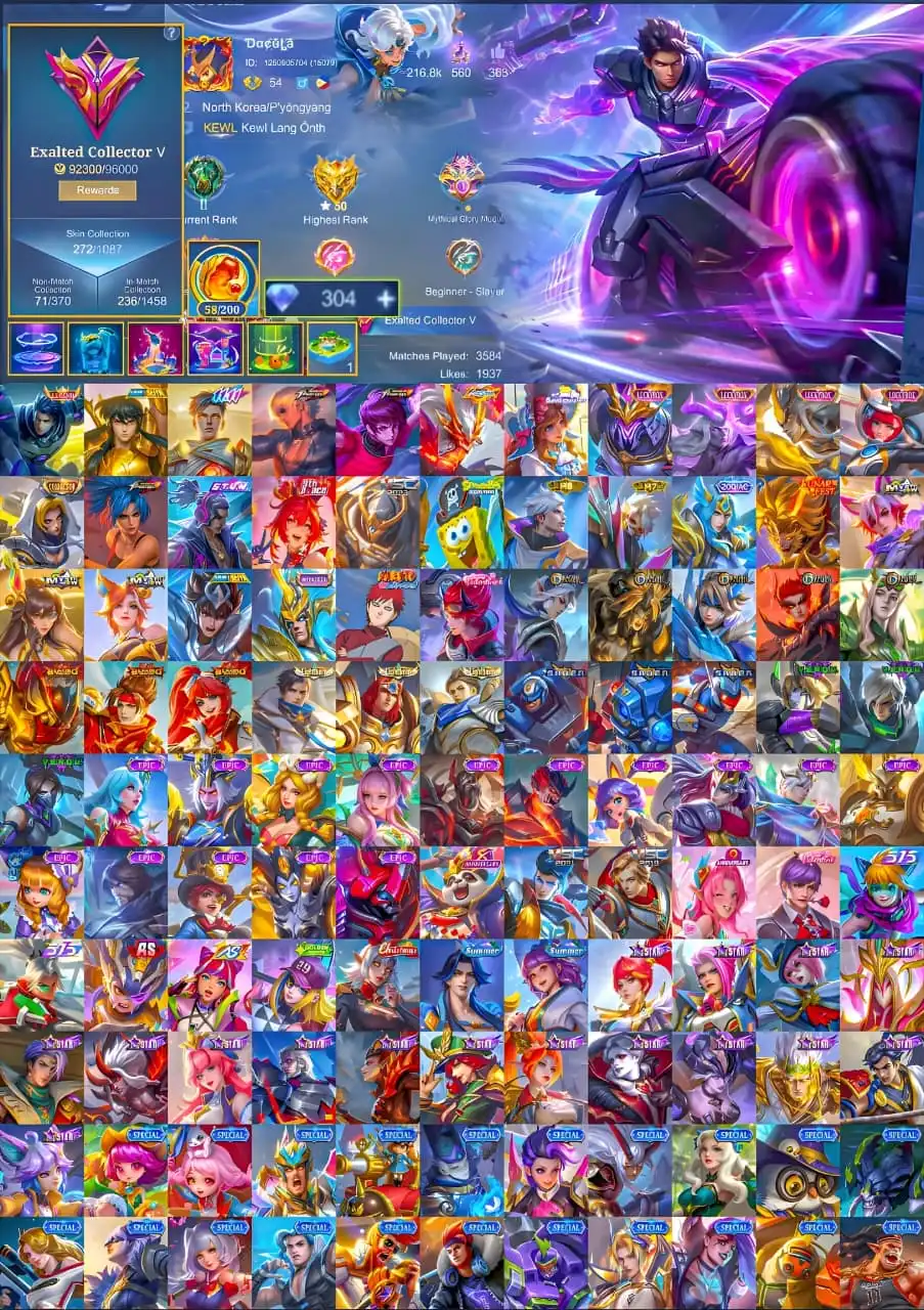 Akun Mobile Legends | 210 Skin | Kolektor Terkenal IV | Mythic 50★ |
