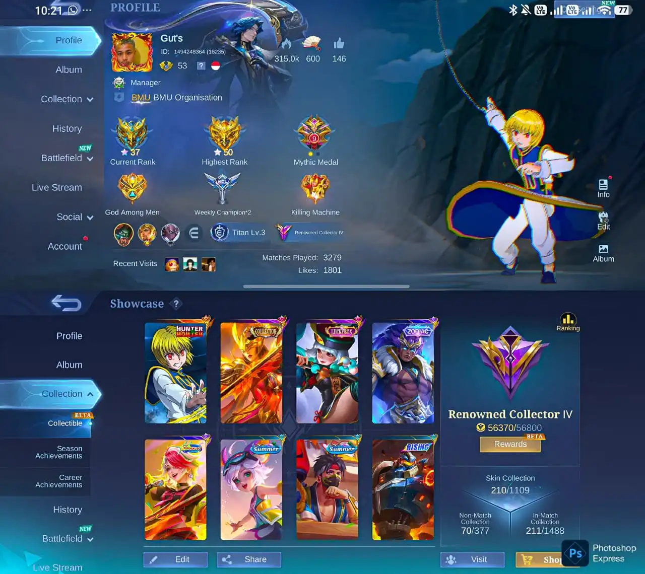 Akun Mobile Legends | 212 Skin | Kolektor Terkenal II | 87 Hero | Mythic 29★ |