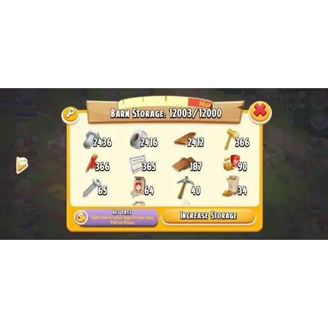 Hay Day Fiók – 90. szint | 8M Érme | 650+ Gyémánt | 7500 Tároló | Magas Szint