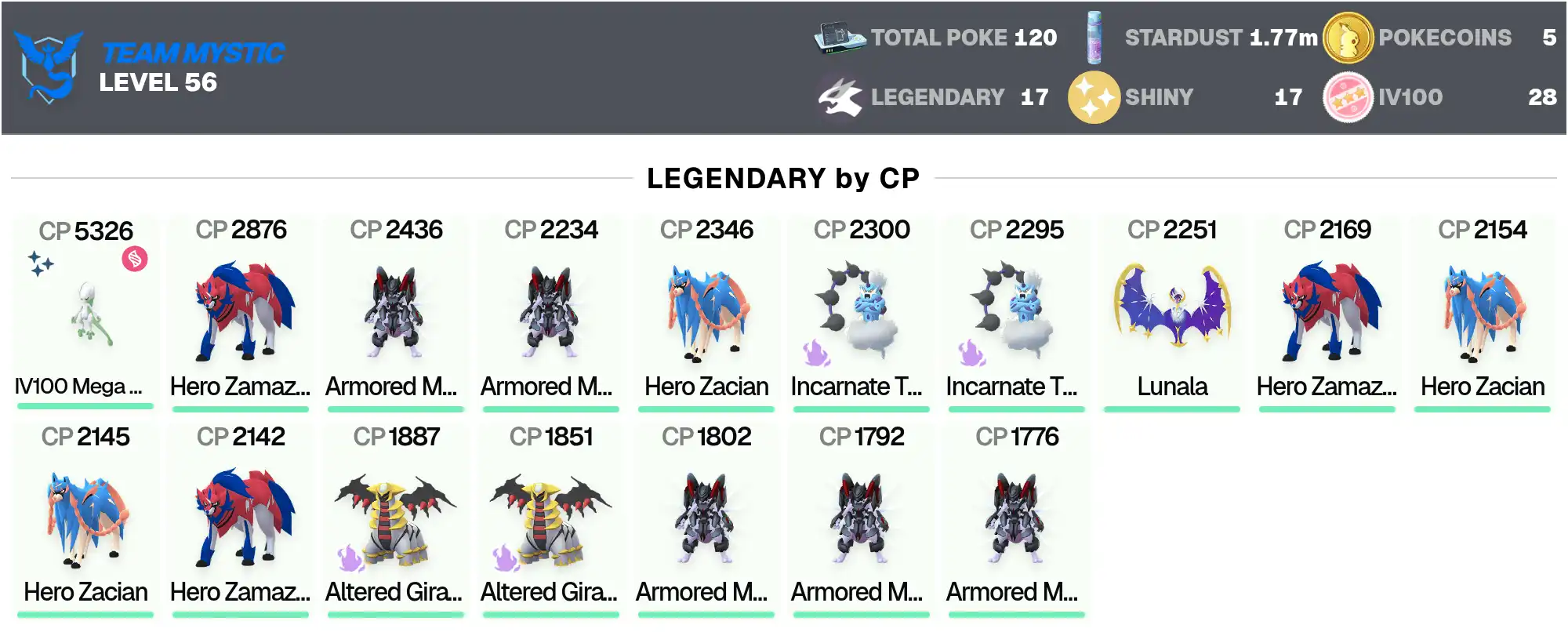 5 Mewtwo Blindé •Chromatique IV100 MEGA Mewtwo Y 5,3K •Gardevoir Chromatique 3K •Légendaire: 17 •Chromatique: 17 •Hundo: 28 •Zacian, Zamazenta •PG-SDTDE •[CNL]