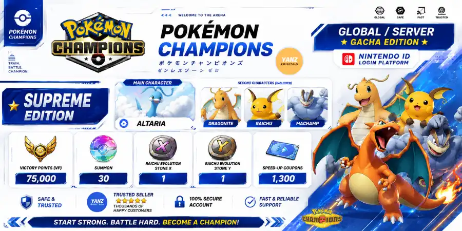 账号 Pokemon Champions | 七夕青鸟 + 胜利点数 (VP) 75000 + 快龙，雷丘，怪力 + 1 雷丘 X 1 雷丘 Y + 1.3K 加速券
