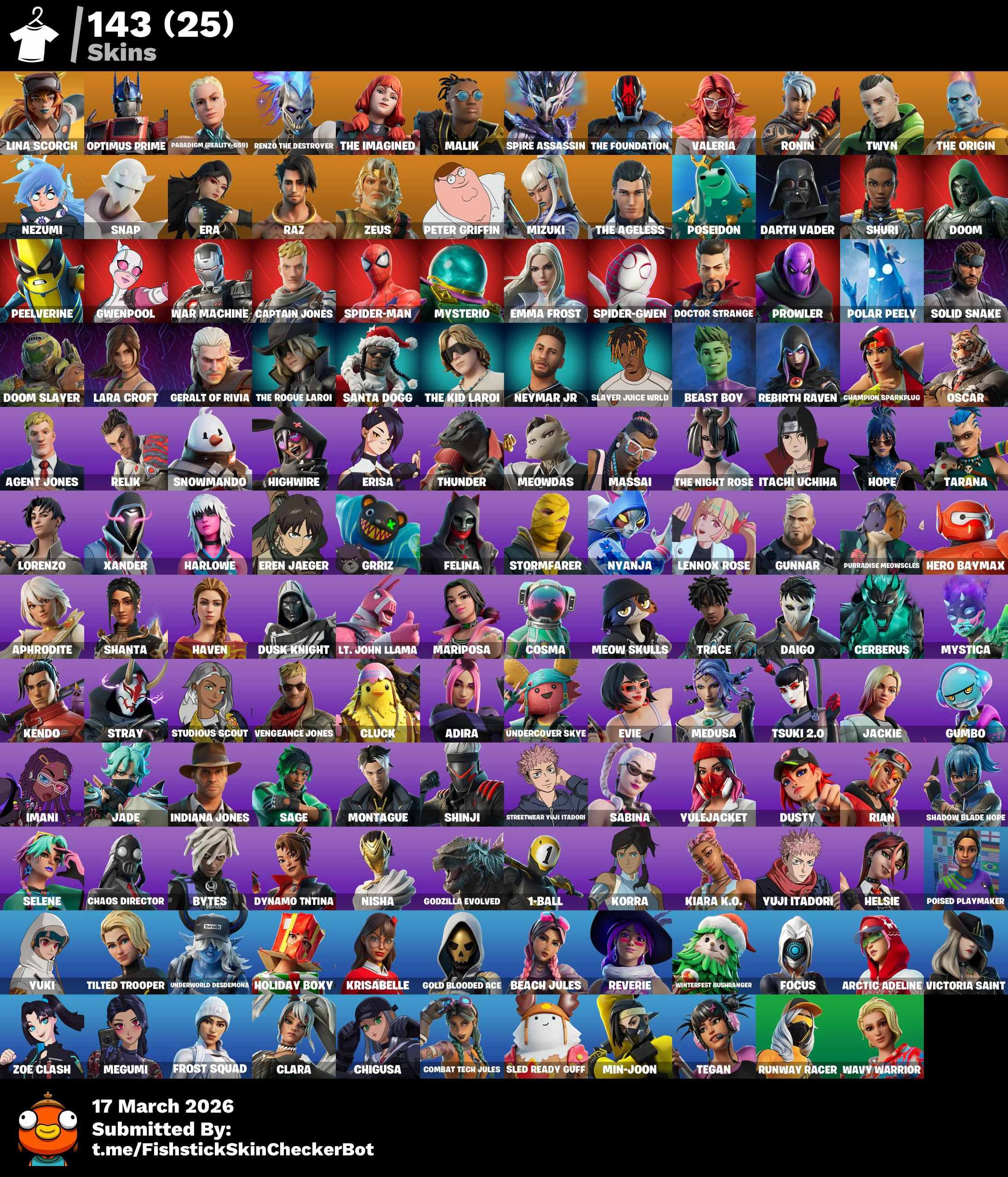 143종 스킨 - Marvel 시리즈 - Lara Croft - Peter Griffin - Optimus Prime 등 - 200 VB