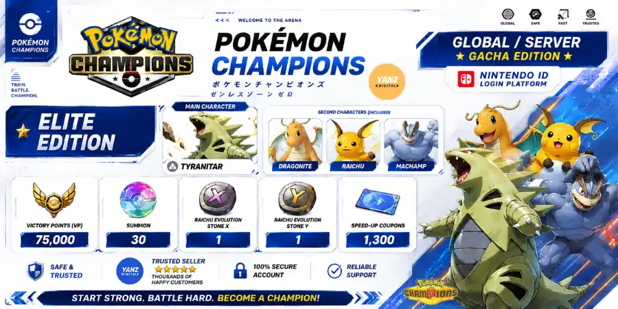 账号 Pokemon Champions | 班基拉斯 + 胜利点数 (VP) 75000 + 快龙、雷丘、怪力 + 1 雷丘 X 1 雷丘 Y + 1.3K 加速优惠券