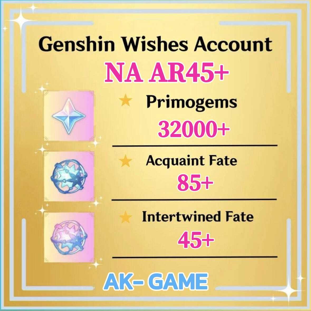 NA Primogems 32000 Acquaint Fate 85 Intertwined Fate 40 Male or Female Protagonist iOS/Android/PC/Xbox/PS Starter Wish Reroll