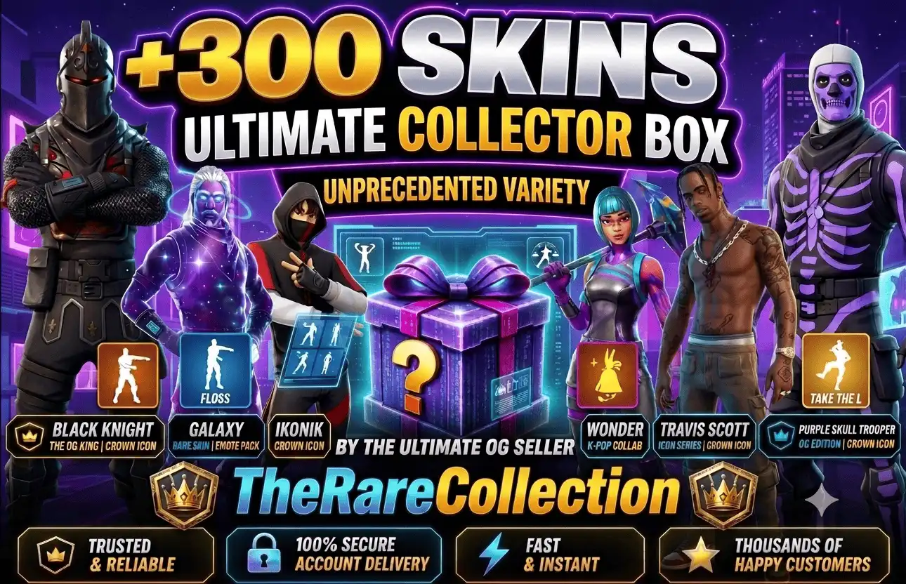 ⚡독점 스킨 300 개 이상⚡다음 중 하나 이상을 받게 됩니다 | Wild Cat | Travis Scott | Renegade Raider | Ikonik | Black Knight | OG STW | Lara Croft |