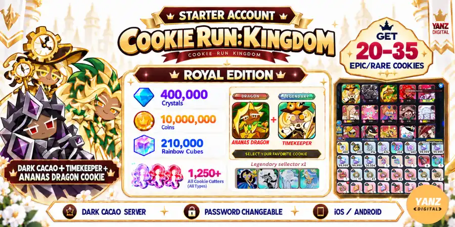 [Dark cacao] Conta Cookie Run Kingdom | 400000 Cristais + 210000 Cubos + DCC + Guardião do Tempo + Biscoito Dragão Abacaxi + 1.2K+ Cortadores