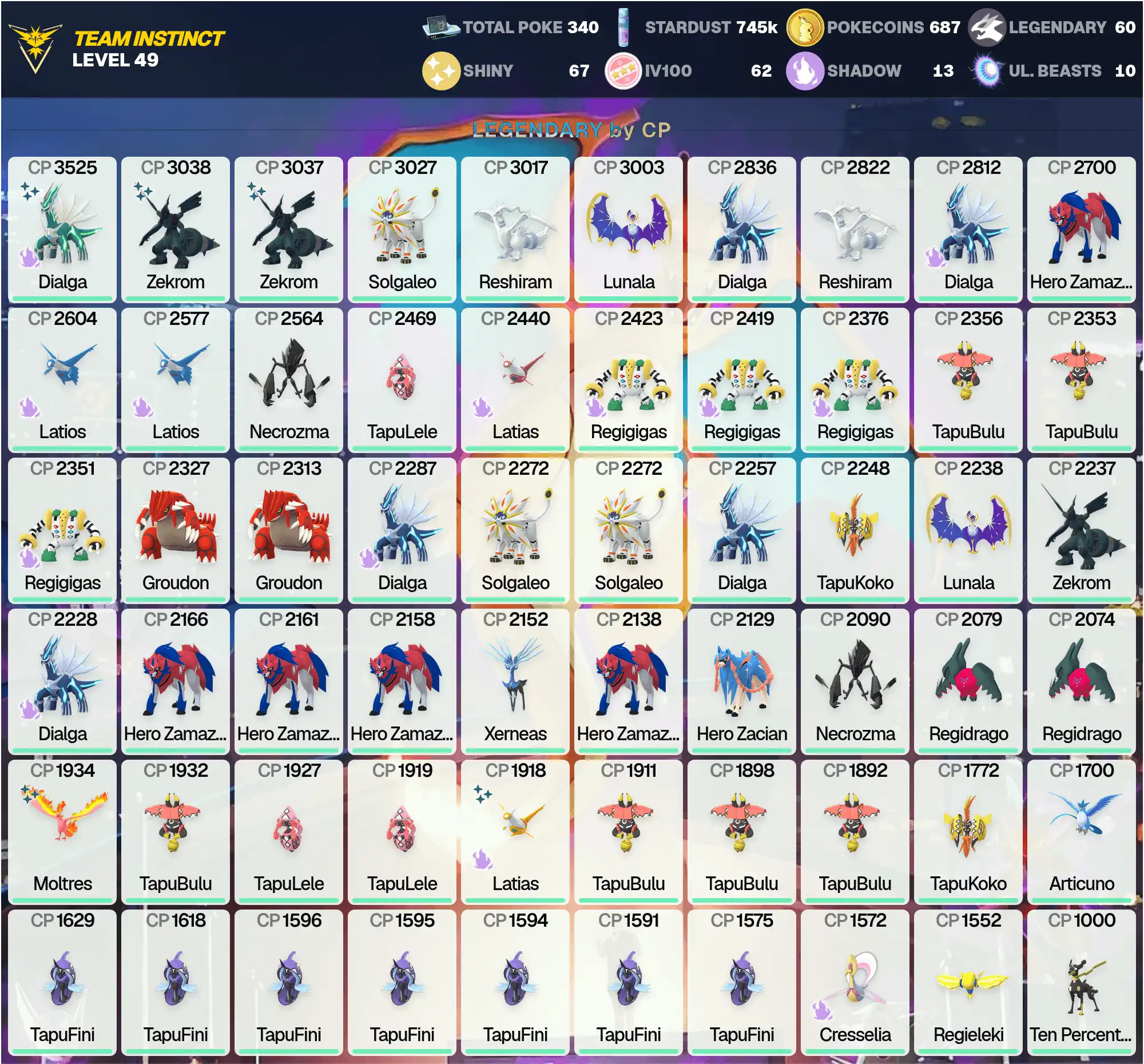 IV100: Slaking 3.8K, Salamence 3.5K, Tyranitar 3.5K, Haxorus 3.3K ~Shiny: Dialga 3.5K, 2 Zekrom 3K, Moltres ~Legends: 60 ~[CNL] ~PG-MPRBJ