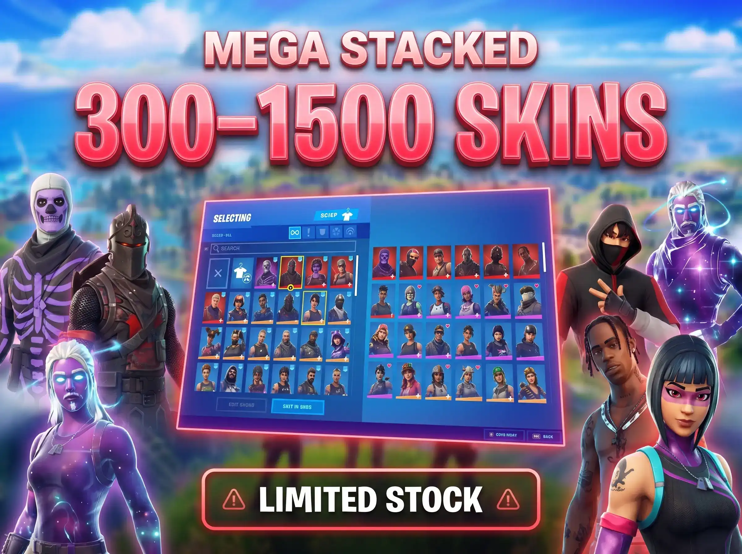 Account garantito con 300 a 500 skins, inclusi oggetti rari & rari (Black Knight, Renegade Raider, Travis Scott e altri) – Contattare via email