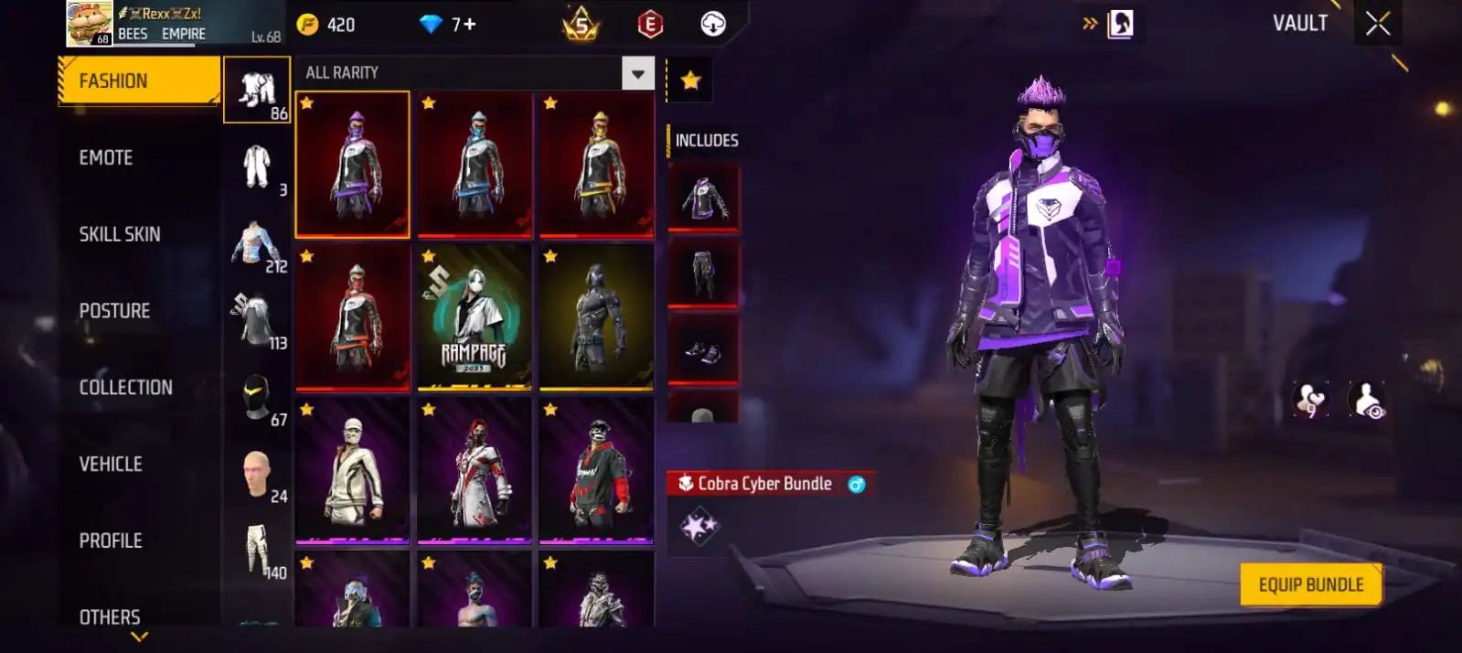 Account Free Fire - Buong Access - Gitnang Silangan - Level 68 & Cobra Bundle