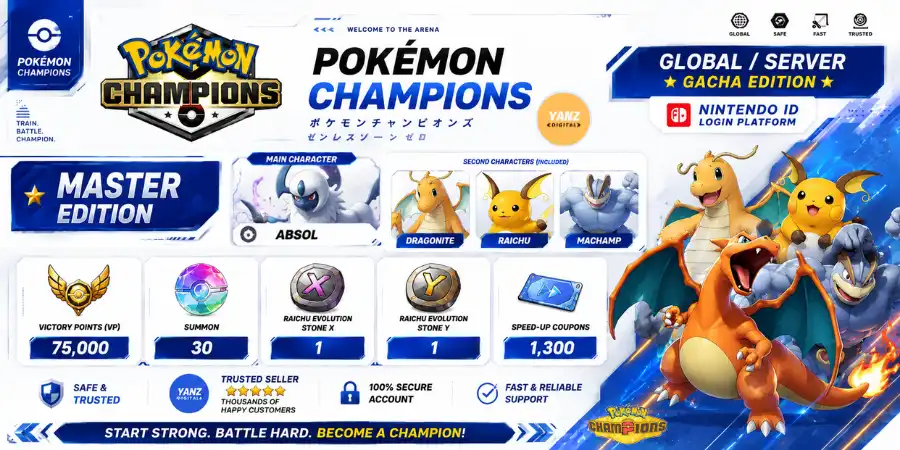 账号 Pokemon Champions | 阿勃梭鲁 + 胜利点数 (VP) 75000 + 快龙，雷丘，怪力 + 1 雷丘 X 1 雷丘 Y + 1.3K 加速券