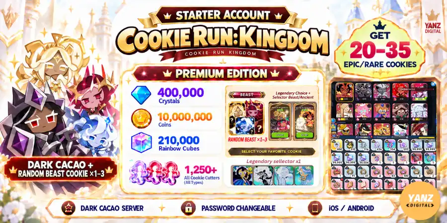 [Dark Cacao] Conta Cookie Run Kingdom | 400000 Cristais + 210000 Cubos + DCC + Biscoitos Besta x1-3 + 1,2K+ Cortadores