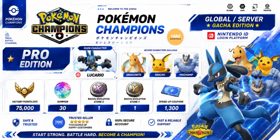 账号 Pokemon Champions | 路卡利欧 + 胜利点数 (VP) 75000 + 喷火龙、雷丘、怪力 + 1 雷丘 X 1 雷丘 Y + 1.3K 加速券