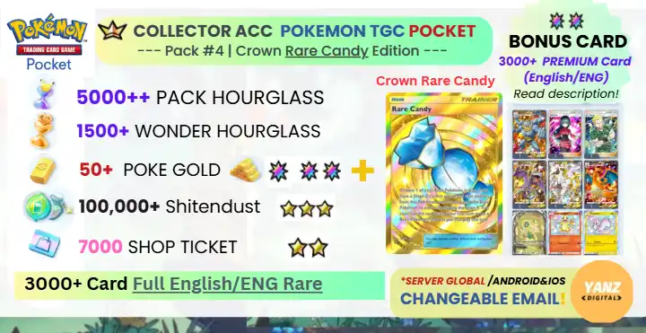 Pokemon TCG Pocket Account | Crown Rare Candy 3000+ Cards English + 5000 Pack HG + 1500+ Wonder HG + 7000 Ticket + 50 Poke Gold
