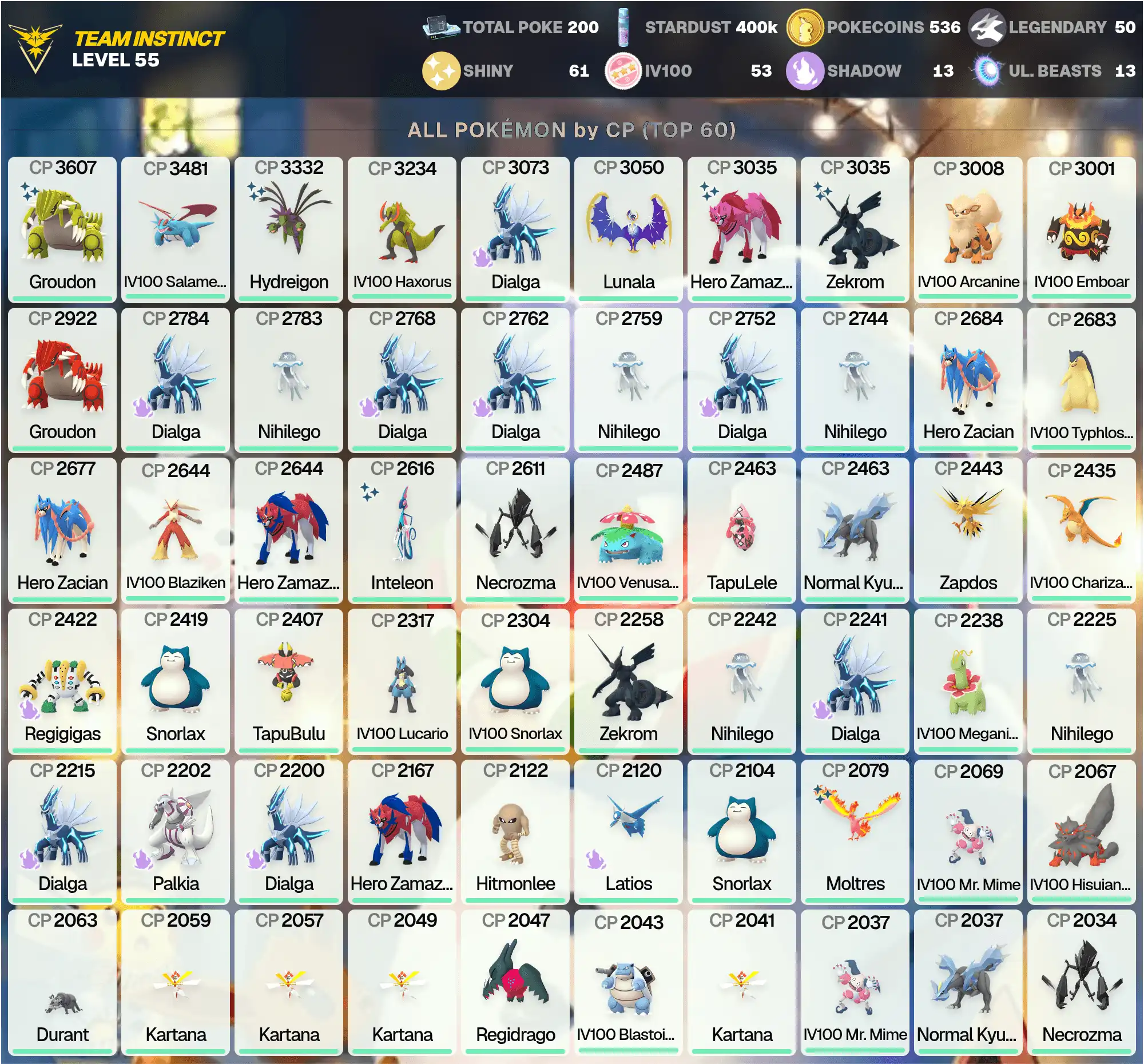 Shiny Groudon 3.6K /IV100 Salamence 3.4K /Shiny Hydreigon 3.3K /Legendary: 50 /Shiny: 61 /Hundo: 53 /[CNL] /PG-QXMVS