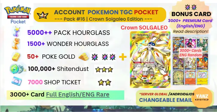 Pokemon TCG Pocket Account | Crown Solgaleo ex 3000+ Cards English + 5000 Pack HG + 1500+ Wonder HG + 7000 Ticket + 50 Poke Gold
