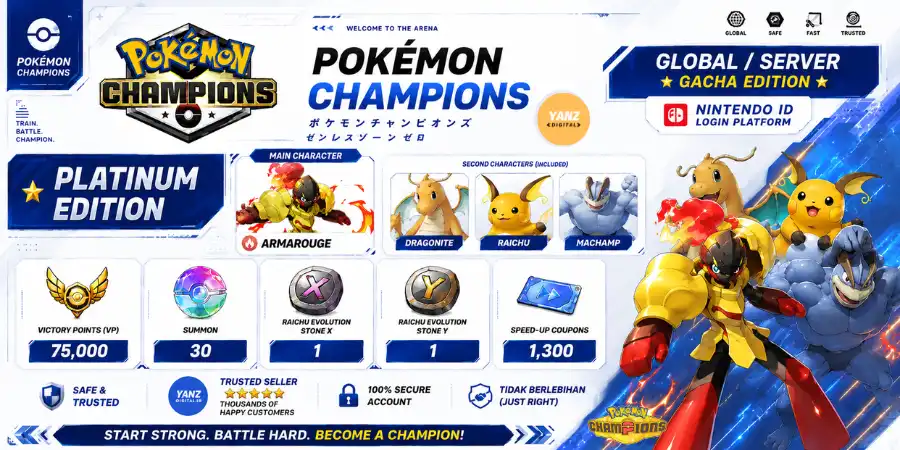 账号 Pokemon Champions | 红莲铠骑 + 胜利点数 (VP) 75000 + 快龙、雷丘、怪力 + 1 雷丘 X 1 雷丘 Y + 1.3K 加速券
